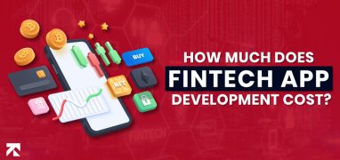 Visual guide on fintech app development cost featuring currency, charts, and buy buttons, highlighting development cost on a bold red backdrop.
