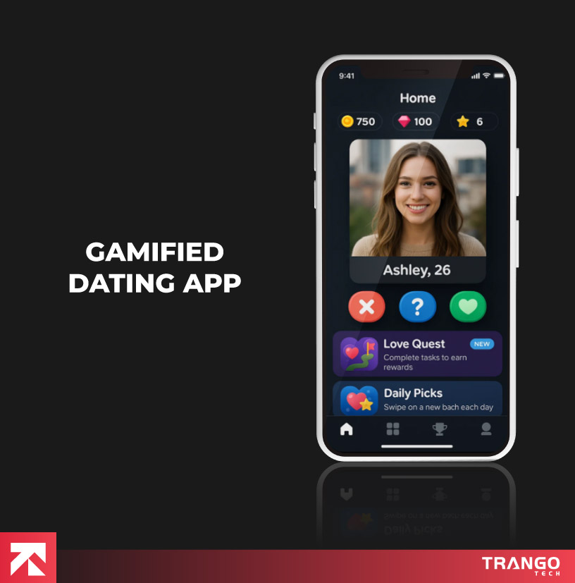 Gamified Dating App interface with rewards and profile by Trango Tech.