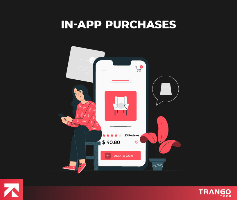 Visual of in-app purchase with a woman buying a chair on mobile, including reviews, by Trango Tech.