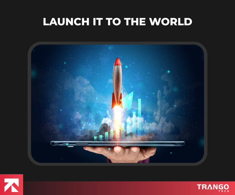 Visual of a rocket launching from a tablet, symbolizing app launch, created by Trango Tech.