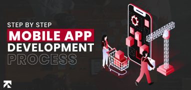 Visual titled "Step by Step Mobile App Development Process" by Trango Tech, featuring a person with a cart and another with a crane building a smartphone app, symbolizing structured app creation stages.