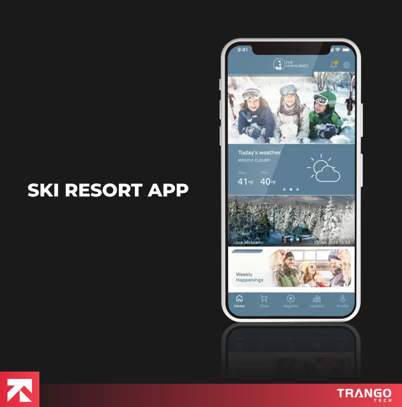 Ski resort app showing weather updates and weekly happenings at The Highlands, designed by Trango Tech.