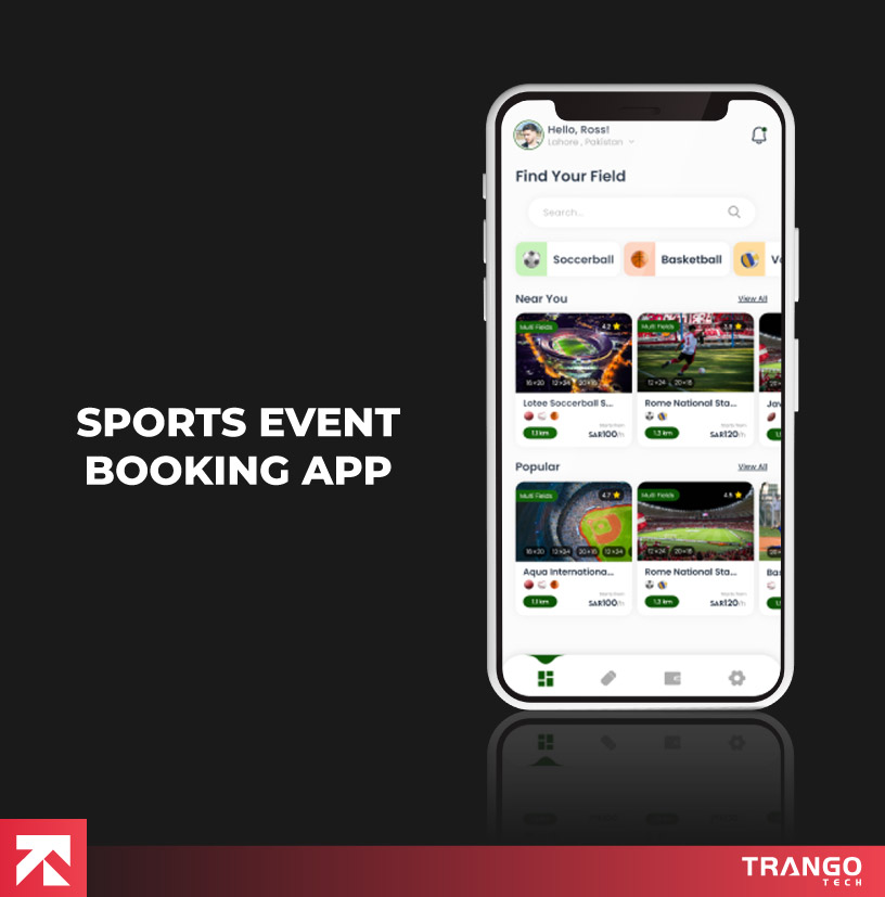 Sports event booking app showing popular soccer and basketball venues, developed by Trango Tech for event planning.