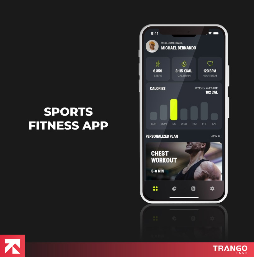 Sports fitness app with personalized chest workout plans, created by Trango Tech for fitness tracking and training.