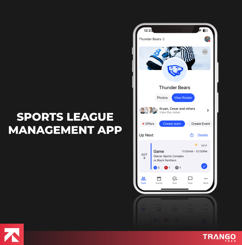Sports league management app displaying Thunder Bears game schedule, built by Trango Tech for team coordination.
