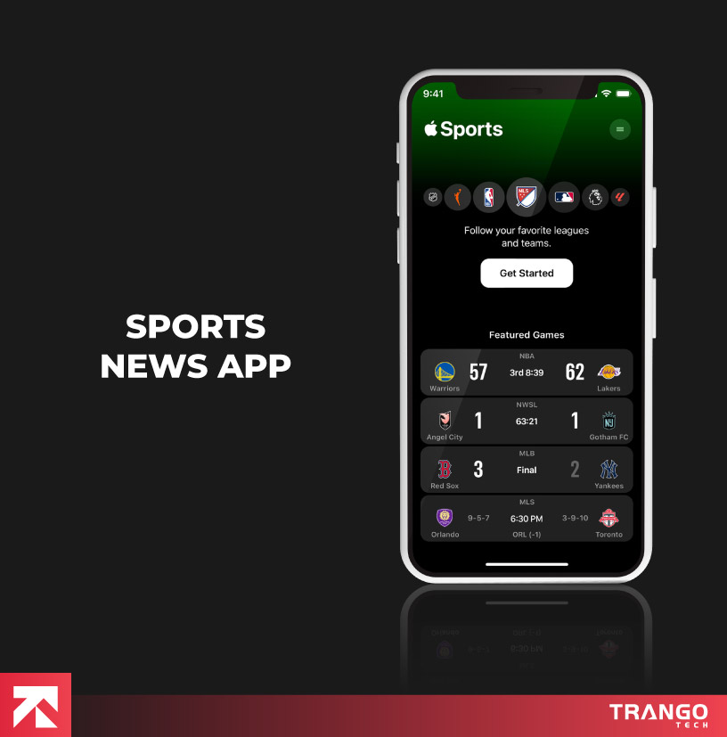 Sports news app featuring NBA and MLS game scores, developed by Trango Tech for the latest sports updates.