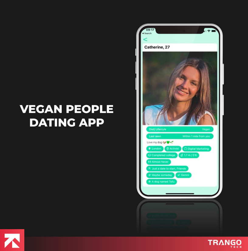 Vegan People Dating App profile with lifestyle details by Trango Tech.
