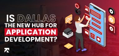 Illustration exploring if Dallas is a new app development hub, featuring a developer with smartphone and Dallas skyline by Tango Tech.