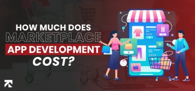 Visual titled "How Much Does Marketplace App Development Cost?" by Trango Tech, featuring people shopping with a smartphone displaying a marketplace, highlighting cost factors for app development.