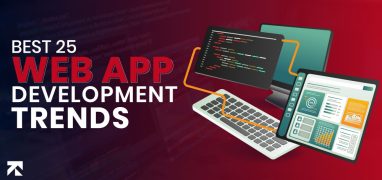 Visual titled "Best 25 Web App Development Trends" by Trango Tech, featuring laptops, a keyboard, and a tablet with code and analytics, showcasing top trends for innovative web app creation.