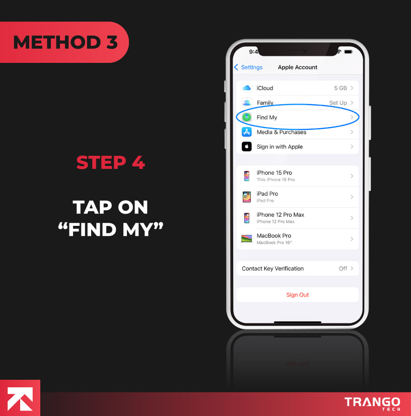iPhone screen tutorial giving instruction to tap on "Find My" option