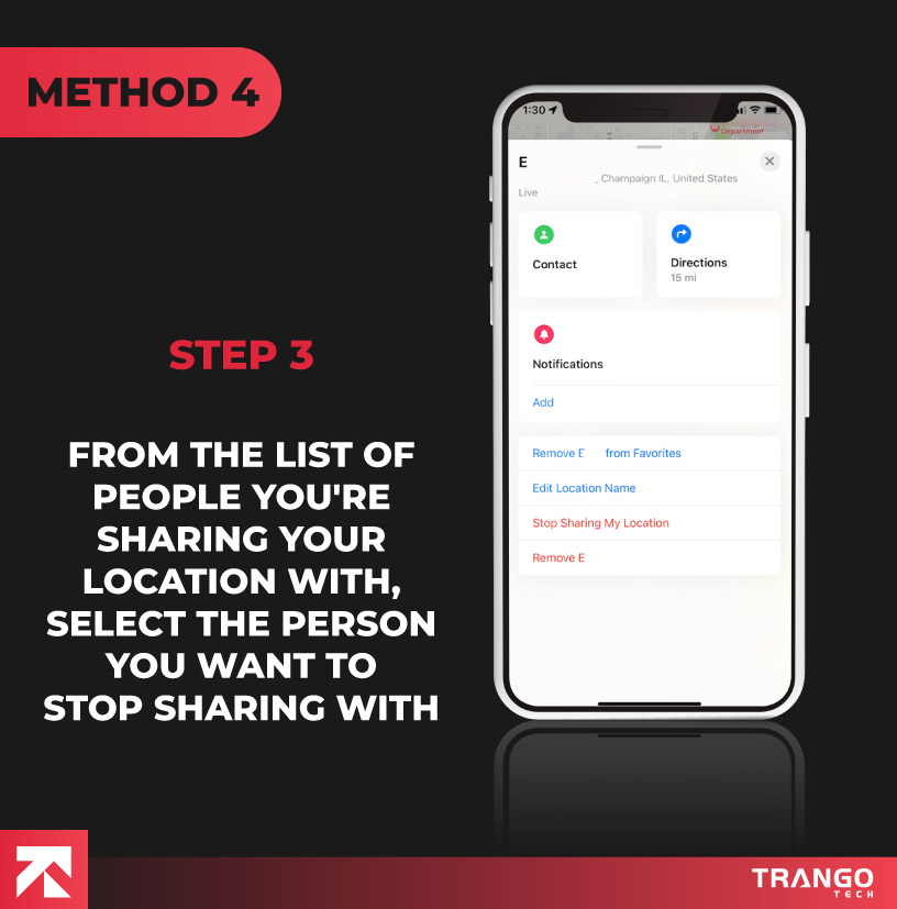 iPhone screen tutorial giving instruction to select person you want to stop sharing your location with. 