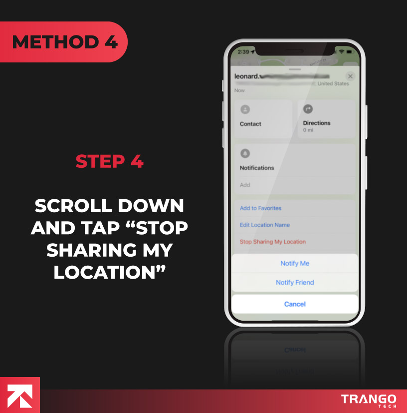 iPhone screen tutorial giving instruction to then tap stop sharing my location option