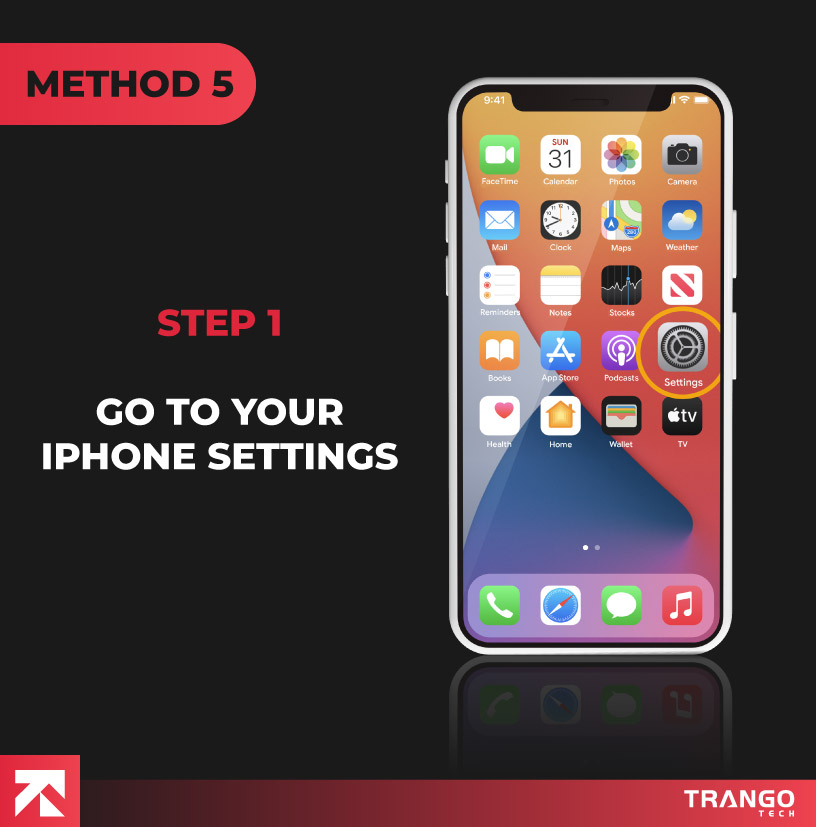 method 5: iPhone screen tutorial giving instruction to click on setting icon
