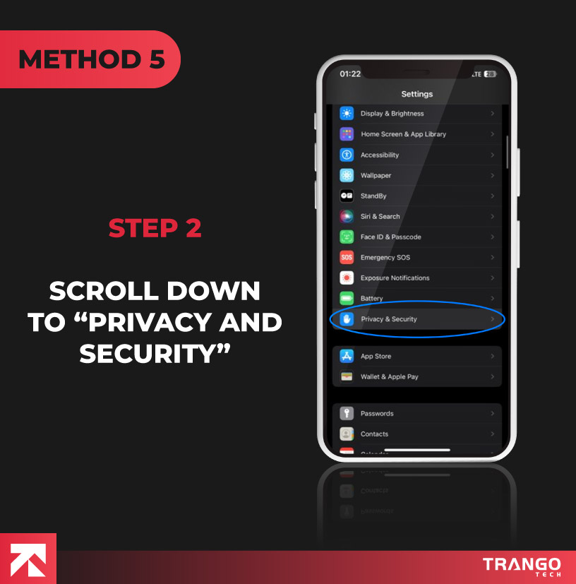 iPhone screen tutorial giving instruction to click on privacy and security option