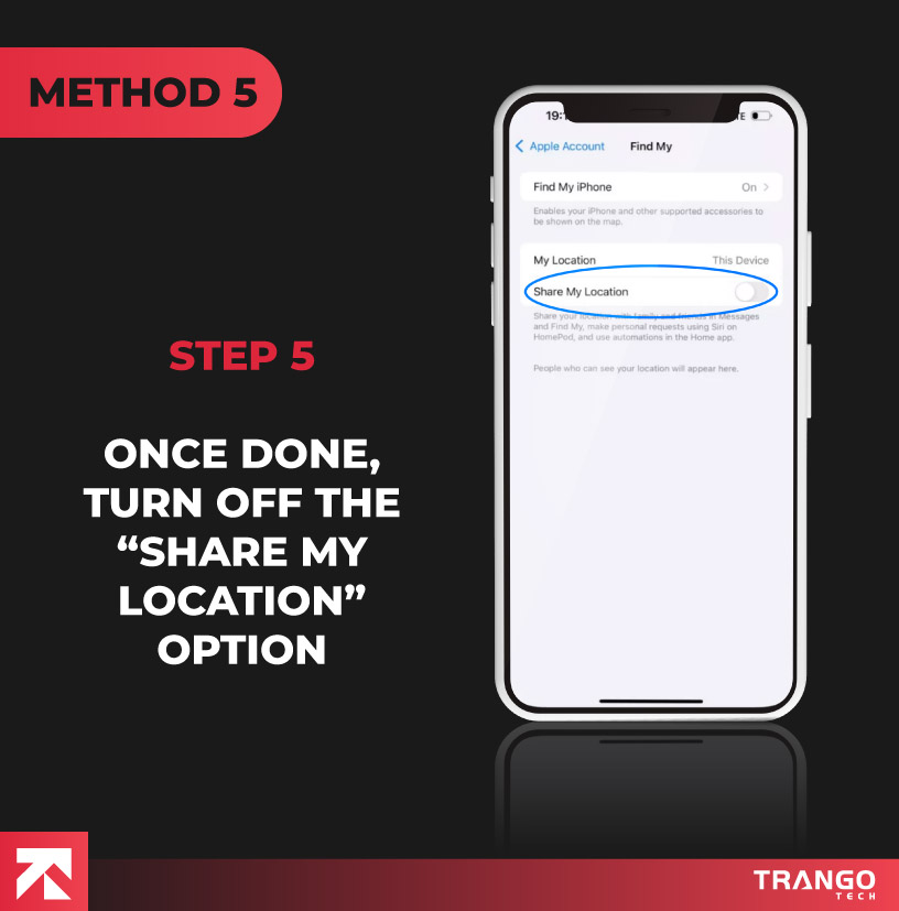 iPhone screen tutorial giving instruction to turn off share my location option
