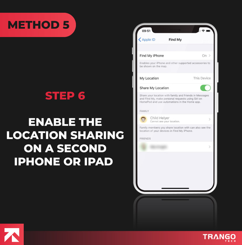 iPhone screen tutorial giving instruction to turn on share my location option on 2nd iphone or ipad