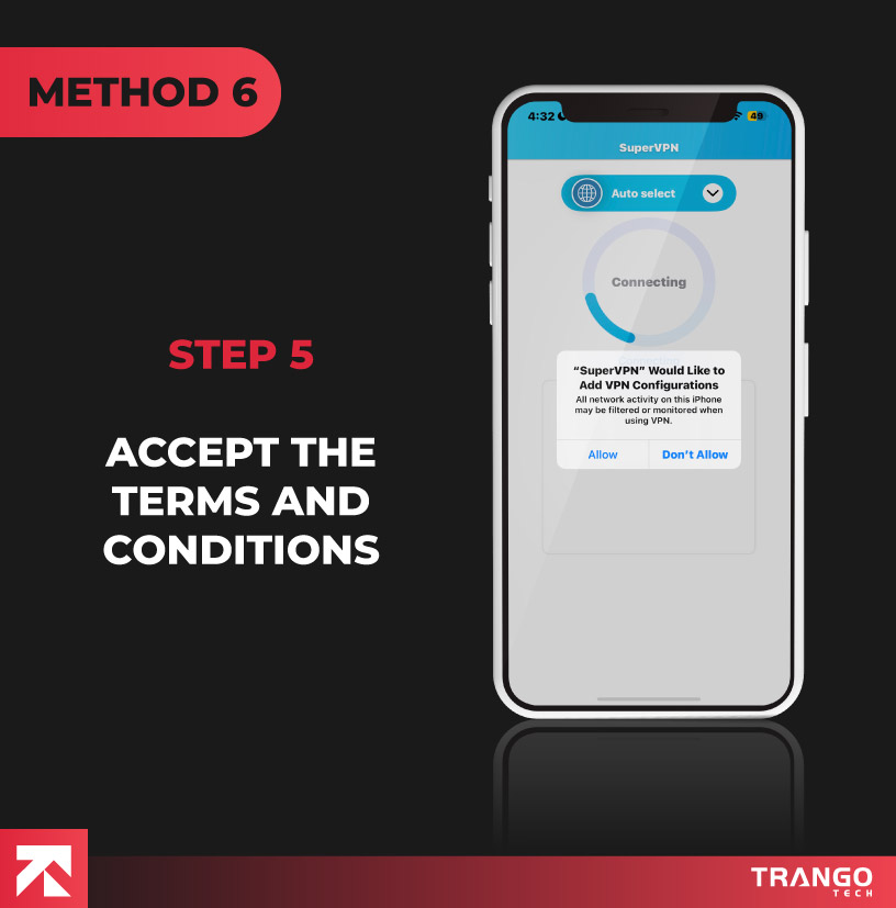 iPhone screen tutorial to showing VPN screen and accepts its terms and conditions